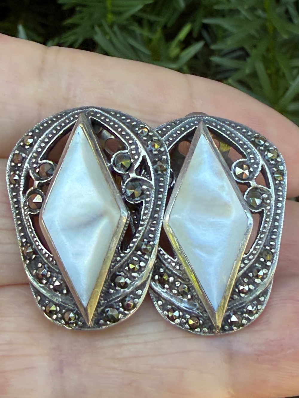 VINTAGE MARQUISE CUT MOTHER OF PEARL MARCASITE LARGE CLIP ON EARRINGS 925 SS